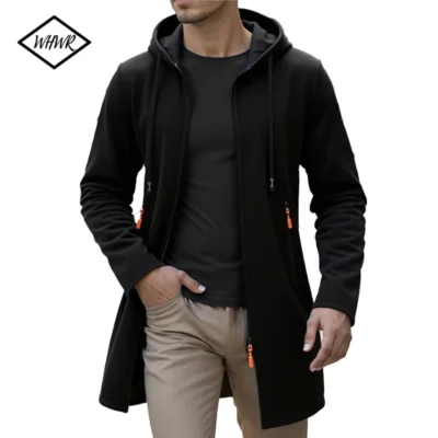 Spring Autumn Men's Hooded Long Jackets Solid Kintting