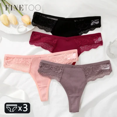 FINETOO 3Pcs Women's Cotton Underwear Lace Thongs Sexy Solid Color Low Waist Bikini Panties